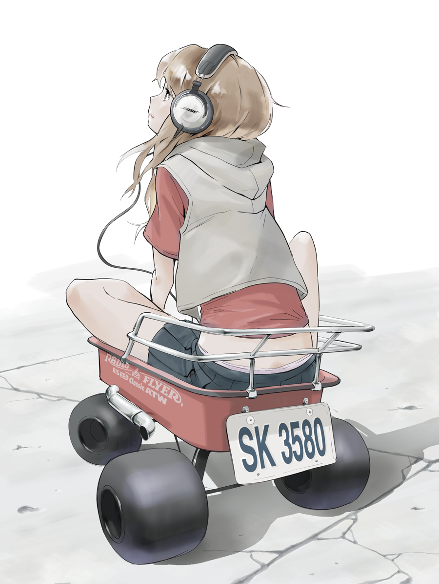 1girl, black_skirt, bose, brown_eyes, brown_hair, butt_crack, cable, facing_away