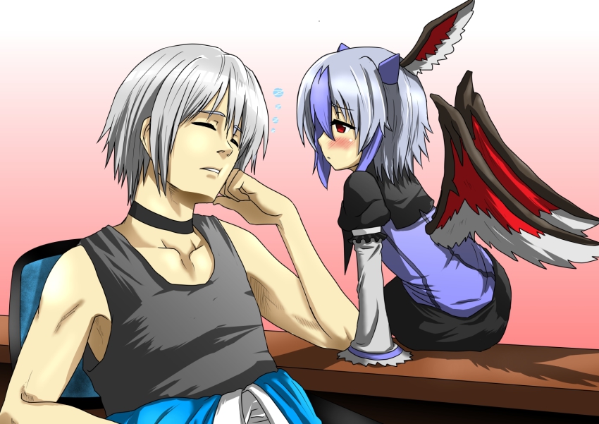 1boy, 1girl, ahoge, akumatokeiyaku, blue_hair, blush, choker, collarbone, closed_eyes, head_wings, highres, horns, long_sleeves, morichika_rinnosuke, multicolored_hair, puffy_sleeves, red_eyes, short_hair, silver_hair, sleeping, sleeveless, tokiko_(touhou), touhou, two-tone_hair, wings