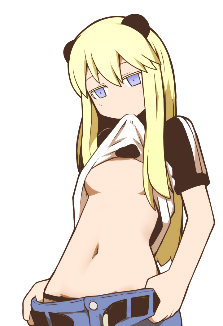 1girl, animal_ears, belt, black_panties, blonde_hair, blue_eyes, breasts, clothes_lift, female_focus, hen_zemi, long_hair, makiko_gregory, mouth_hold, navel, nns_(sobchan), no_bra, panda_ears, panties, pants, shirt_lift, small_breasts, solo, underboob, underwear, undressing