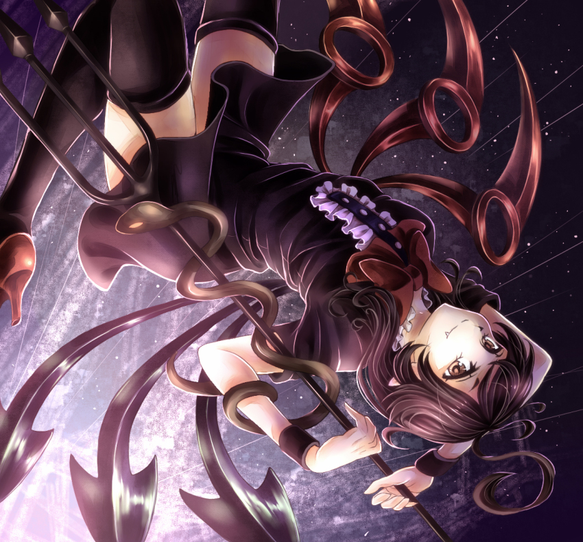 1girl, ahoge, asymmetrical_wings, black_dress, black_hair, black_thighhighs, bow, brown_eyes