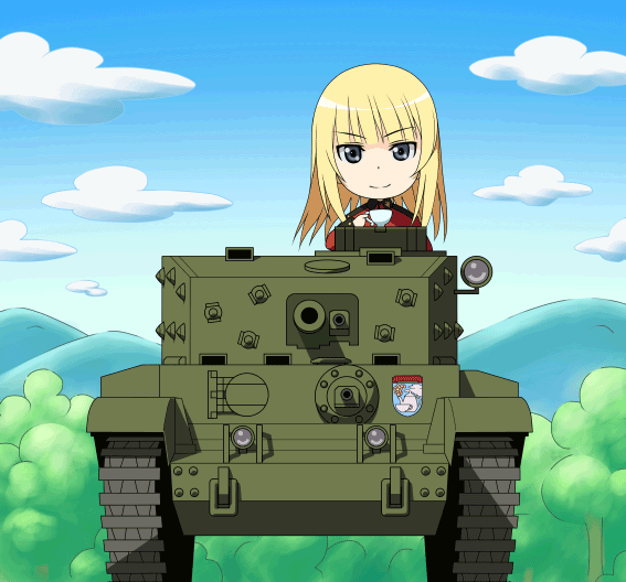 10s, 1girl, animated, animated_gif, artist_request, blonde_hair, blue_sky, bouncing, caterpillar_tracks, chibi, cloud, cromwell_(tank), cup, day, earl_grey_(girls_und_panzer), emblem, female_focus, girls_und_panzer, grey_eyes, military, military_vehicle, motor_vehicle, mountain, non-web_source, parody, sky, solo, st._gloriana's_(emblem), tank, teacup, tree, vehicle