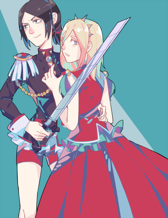 2girls, 6hours_(fancycars), aiguillette, black_hair, blade, blonde_hair, krista_lenz, cosplay