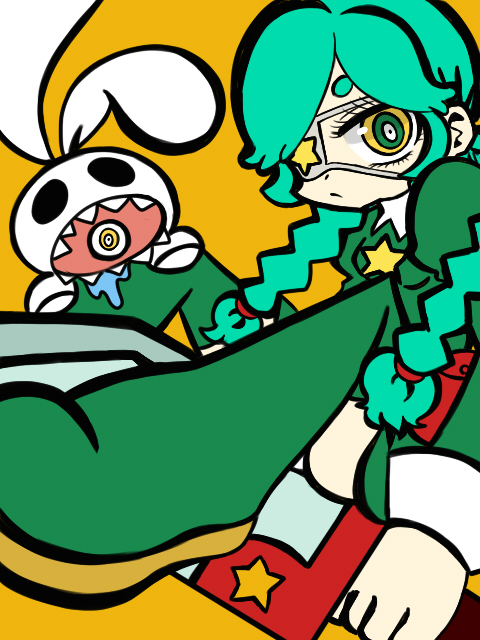 1girl, annie_(skullgirls), braid, eyepatch, female_focus, green_eyes, green_hair, green_thighhighs