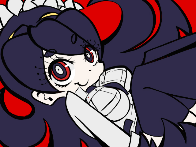 1girl, black_hair, black_thighhighs, female_focus, filia_(skullgirls), mikudrop, parasite, red_background, red_eyes, samson_(skullgirls), school_uniform, skullgirls, smile, thighhighs, yellow_eyes