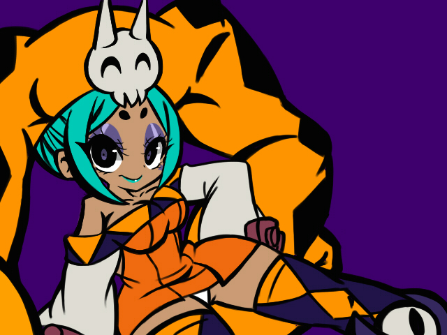 1girl, aqua_hair, breasts, cerebella_(skullgirls), cleavage, dark_skin, eyeshadow, female_focus