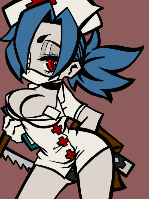 +, +_+, 1girl, bare_legs, black_panties, blue_hair, breasts, cleavage, eyepatch, female_focus, hacksaw, hair_over_one_eye, hat, large_breasts, mikudrop, nurse, nurse_cap, panties, red_eyes, saw, short_hair, skullgirls, solo, symbol-shaped_pupils, underwear, valentine_(skullgirls)