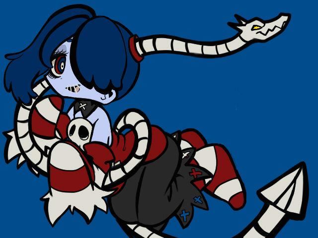 1girl, blue_hair, blue_skin, colored_skin, detached_sleeves, female_focus, hair_over_one_eye, leviathan_(skullgirls)
