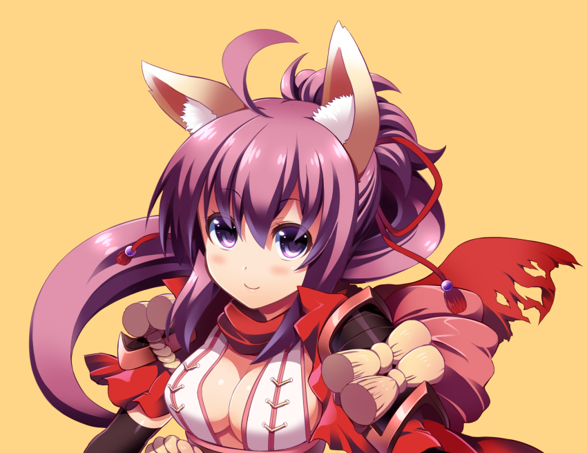 1girl, ahoge, animal_ears, armor, bad_id, bad_pixiv_id, blush, chibi_(nekomimimi), fox_ears, highres, ninja, ninja_(ragnarok_online), oboro_(ragnarok_online), ponytail, purple_eyes, purple_hair, ragnarok_online, scarf, smile