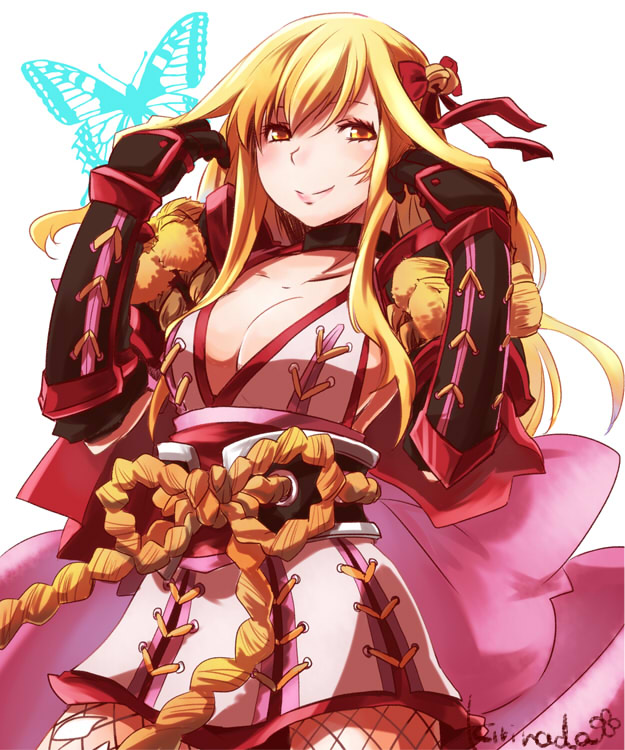 1girl, armor, bell, blonde_hair, blush, bug, butterfly, fishnet_pantyhose