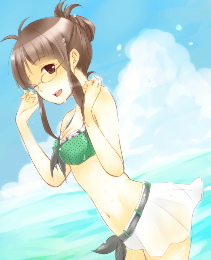 1girl, akizuki_ritsuko, antenna_hair, bare_shoulders, bikini, bisuke_(bisco), blush, breasts, brown_eyes, brown_hair, cleavage, cloud, day, female_focus, folded_ponytail, glasses, hatomugi_(mugicha), idolmaster, idolmaster_(classic), medium_breasts, navel, one_eye_closed, open_mouth, short_hair, sky, solo, swimsuit, wink