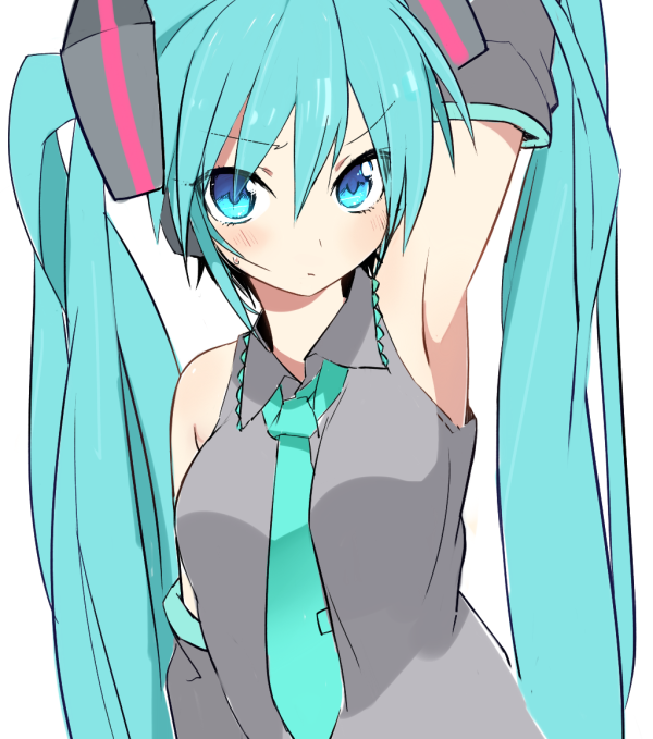 1girl, aqua_eyes, aqua_hair, arm_up, armpits, detached_sleeves, female_focus, hatsune_miku