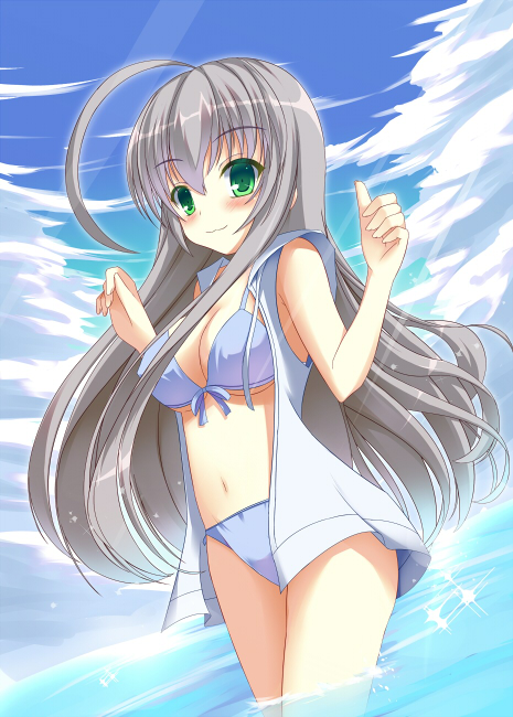 1girl, :3, bikini, female_focus, green_eyes, haiyore!_nyaruko-san, long_hair, nyarlathotep_(nyaruko-san)
