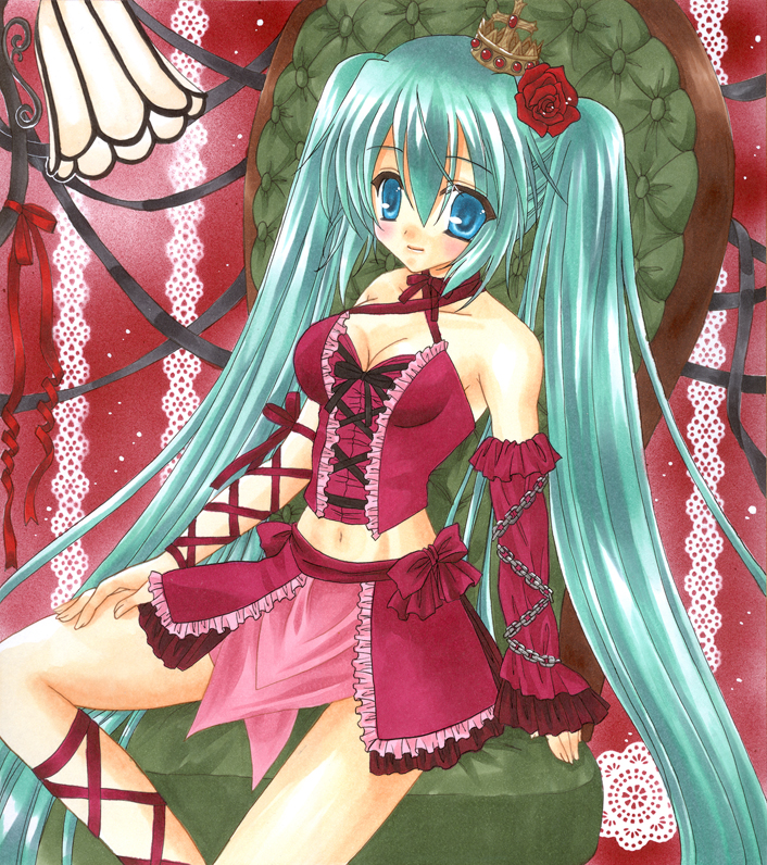 1girl, aqua_eyes, aqua_hair, arm_ribbon, bad_id, bad_pixiv_id, bare_shoulders, chain, corset, crown, detached_sleeves, female_focus, flower, frills, hair_flower, hair_ornament, hatsune_miku, hatsune_miku_(vintage_dress), kirishima_(manatsuya), leg_ribbon, long_hair, marker_(medium), midriff, navel, nib_pen_(medium), pen_(medium), project_diva, project_diva_(series), project_diva_2nd, ribbon, romeo_to_cinderella_(vocaloid), sitting, solo, traditional_media, twintails, very_long_hair, vocaloid