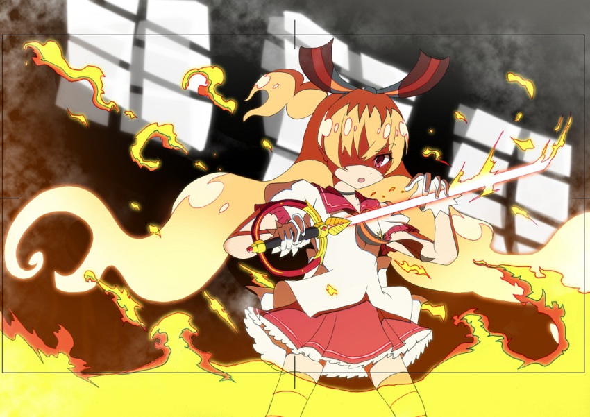 10s, 1girl, bassa, fake_screenshot, female_focus, fire, flaming_sword, flaming_weapon