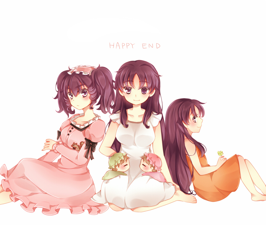 3girls, baby, bad_id, bad_pixiv_id, blush, chipmunk, clover, dress
