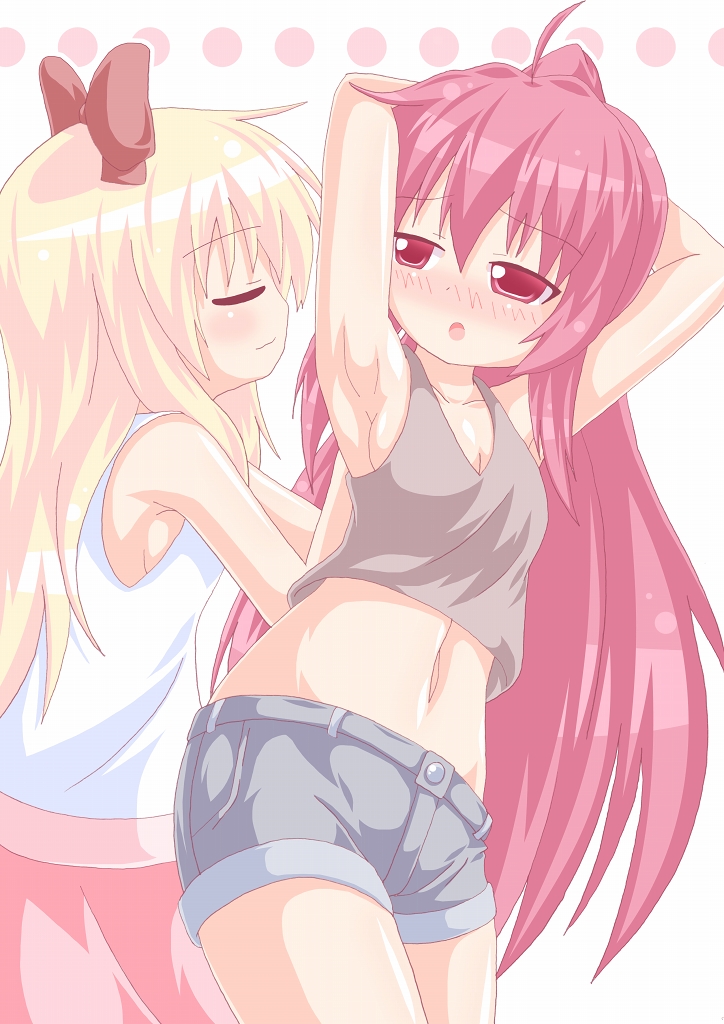 2girls, ahoge, armpits, arms_behind_head, arms_up, blonde_hair, blush, closed_eyes, hair_ribbon, kagerou_(kers), kers, long_hair, midriff, multiple_girls, navel, red_eyes, red_hair, ribbon, shorts, skirt, smelling, smelling_armpit, smile, sugiura_ayano, tank_top, toshinou_kyouko, very_long_hair, yuruyuri