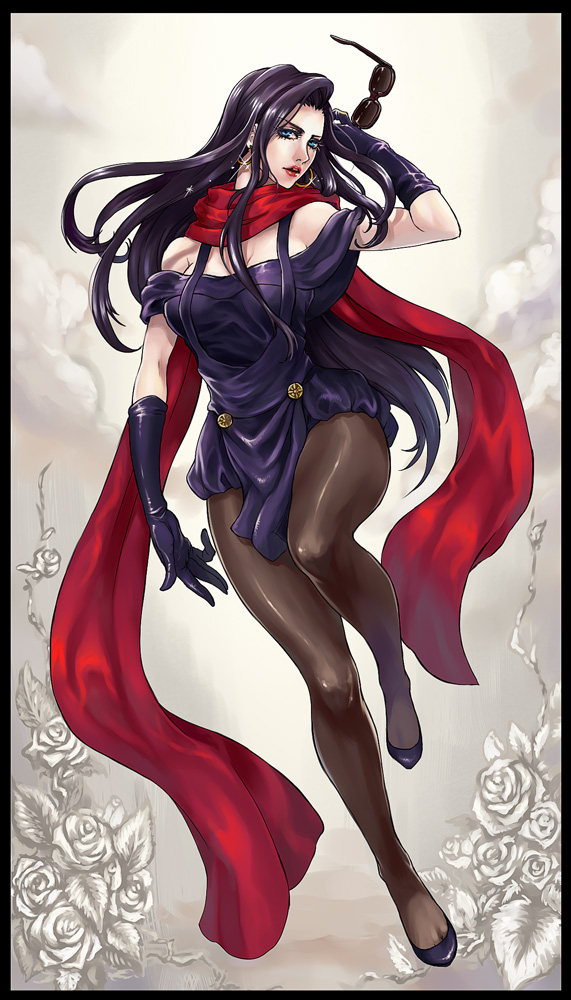 1girl, amanna, black_hair, blue_eyes, earrings, female_focus, full_body, gloves, holding, holding_removed_eyewear, jewelry, jojo_no_kimyou_na_bouken, lisa_lisa, long_hair, off_shoulder, pantyhose, scarf, solo, sunglasses, unworn_eyewear