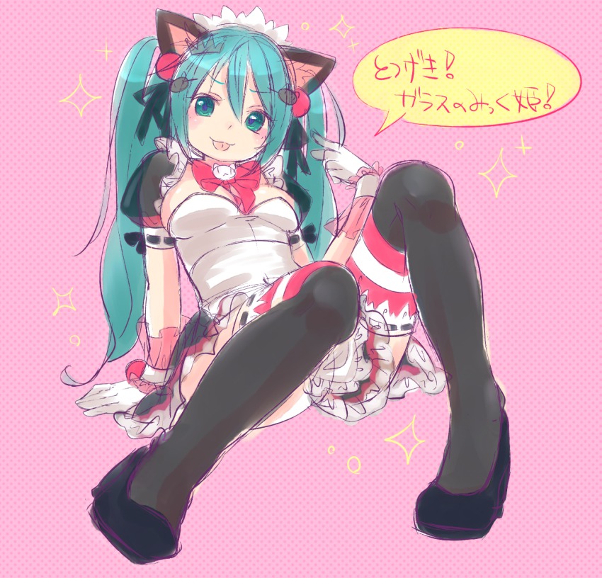 1girl, :p, animal_ears, arm_support, bow, bowtie, cat_ears, female_focus, gloves, green_eyes, green_hair, hatsune_miku, hekopon, highres, long_hair, matching_hair/eyes, polka_dot, polka_dot_background, sitting, skirt, solo, thighhighs, tongue, tongue_out, twintails, vocaloid