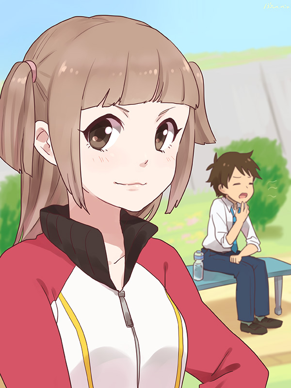 1boy, 1girl, brown_eyes, brown_hair, closed_eyes, handa_shin'ichi, ichimatsu_(niru), inazuma_eleven_(series), inazuma_eleven_go, inazuma_kfc, kisaragi_mako, long_hair, necktie, aged_up, open_mouth, short_hair, sitting, upper_body, yawning