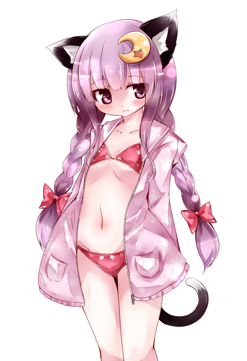 1girl, animal_ears, bikini, braid, cat_ears, crescent, crescent_hair_ornament, female_focus, flat_chest, hair_ornament, hood, hooded_jacket, hoodie, izumi_yuuji_(trace_kouhosei), jacket, long_hair, open_clothes, open_hoodie, parka, patchouli_knowledge, purple_eyes, purple_hair, solo, swimsuit, tail, touhou, twin_braids