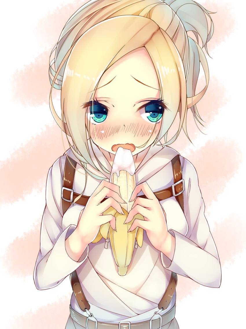 1girl, absurdres, annie_leonhart, bad_id, bad_pixiv_id, banana, blonde_hair, blue_eyes
