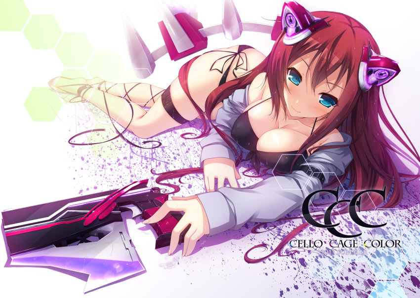 1girl, ayatudura, bikini, black_bikini, blue_eyes, breasts, cleavage, female_focus