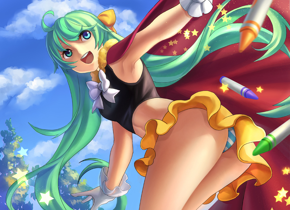 1girl, absurdly_long_hair, alternate_hairstyle, anniversary, aqua_eyes, aqua_hair, armpits, artist_name, artist_request, bad_id, bad_pixiv_id, bare_legs, bare_shoulders, birthday, black_shirt, black_tank_top, blue_eyes, blue_hair, blue_sky, blush, bow, bowtie, cape, cloud, crayon, day, female_focus, from_behind, fur-trimmed_cape, fur_trim, gloves, green_eyes, green_hair, happy_birthday, hatsune_miku, heterochromia, leaning_forward, long_hair, looking_at_viewer, looking_back, matching_hair/eyes, midriff, miniskirt, open_mouth, outdoors, panties, pantyshot, plaid_clothes, plaid_skirt, pleated, pleated_skirt, red_cape, shirt, skirt, sky, solo, star_(symbol), star_print, stella_chen_yui, striped_clothes, striped_panties, tank_top, underwear, upskirt, very_long_hair, vocaloid, white_bow, white_gloves, yellow_skirt, yumeyume_(vocaloid)