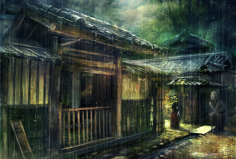 2girls, architecture, bad_id, bad_pixiv_id, binbougami, building, east_asian_architecture, eye_contact, house, looking_at_another, multiple_girls, original, rain, signature, yatsunagi_(oyasumi_sumika), traditional_youkai, zashiki-warashi
