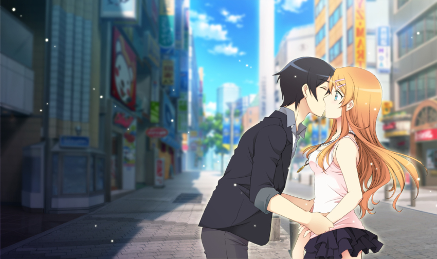 1boy, 1girl, black_hair, blue_eyes, brother_and_sister, camisole, casual, city, cityscape, closed_eyes, hair_ornament, hairclip, hetero, holding_another's_wrist, incest, jewelry, kiss, kousaka_kirino, kousaka_kyousuke, layered_skirt, long_hair, necklace, orange_hair, ore_no_imouto_ga_konna_ni_kawaii_wake_ga_nai, scenery, short_hair, siblings, skirt, surprised, tsubasam