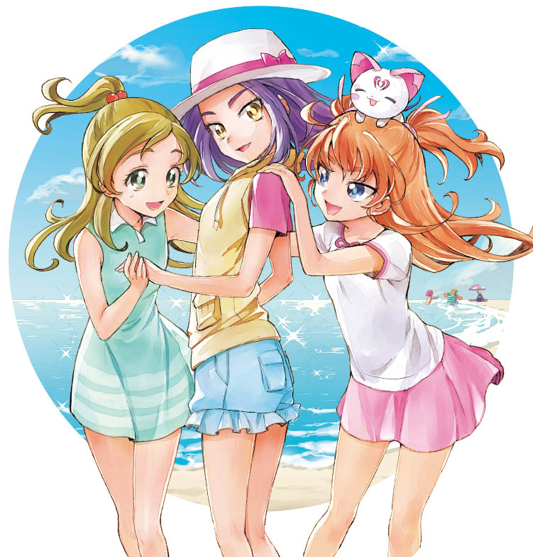 10s, 3girls, :d, animal, animal_on_head, baritone_(precure), bassdrum, beach