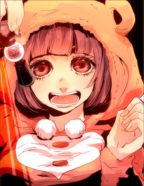 1girl, :d, bakanoise, black_hair, chess_piece, female_focus, higashikata_daiya, hood