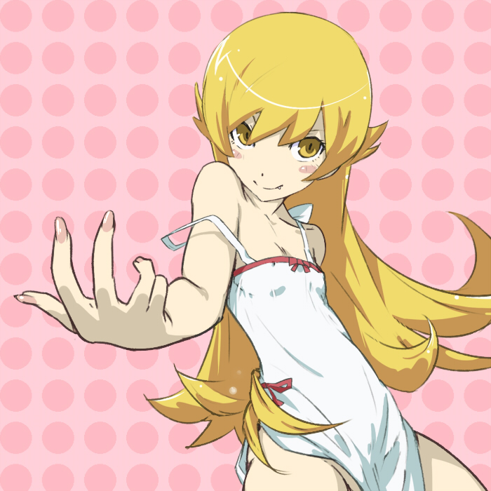 10s, 1girl, blonde_hair, blush_stickers, dress, fang, female_focus, foreshortening