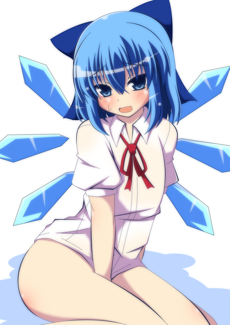 1girl, blue_eyes, blue_hair, blush, bottomless, bow, cirno, covering_crotch