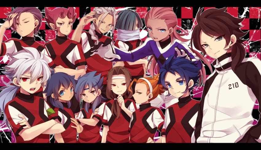 10s, 6+boys, blue_eyes, blue_hair, brown_hair, fudou_akio, gloves, goalkeeper