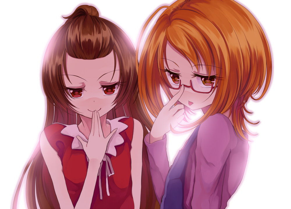 10s, 2girls, :p, adjusting_eyewear, bad_id, bad_pixiv_id, brown_eyes, brown_hair