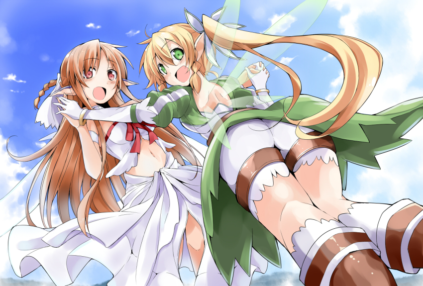 10s, 1girl, 2girls, :d, ass, asuna_(sao), bibi02, blonde_hair, boots, brown_eyes, brown_hair, cloud, day, ear_covers, elf, green_eyes, holding_hands, leafa_(sao), long_hair, looking_back, multiple_girls, navel, open_mouth, pointy_ears, ponytail, sky, smile, sword_art_online, titania_(sao), very_long_hair