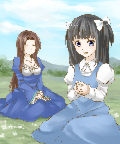2girls, aged_down, aya_drevis, black_hair, blue_dress, blue_eyes, blunt_bangs, blush, bow, breasts, brown_hair, cleavage, closed_eyes, cloud, collarbone, collared_shirt, day, dress, flower, grass, hair_bow, hair_ornament, holding, jewelry, long_hair, mad_father, medium_breasts, monika_drevis, mother_and_child, mother_and_daughter, mountain, mouse_(animal), multiple_girls, nature, necklace, open_mouth, parent_and_child, parted_bangs, sakurage11, shirt, sidelocks, sitting, sky, smile, tree