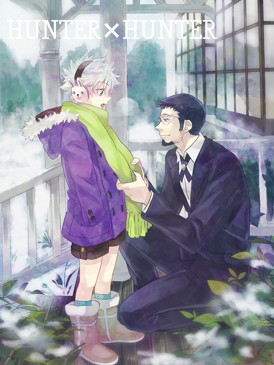 2boys, black_hair, bush, coat, copyright_name, earmuffs, glasses, gotoh_(hunter_x_hunter)
