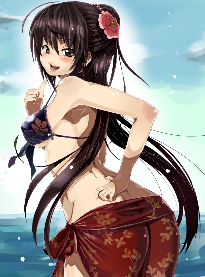 1girl, beach, bikini, black_hair, brown_eyes, character_request, female_focus, flower