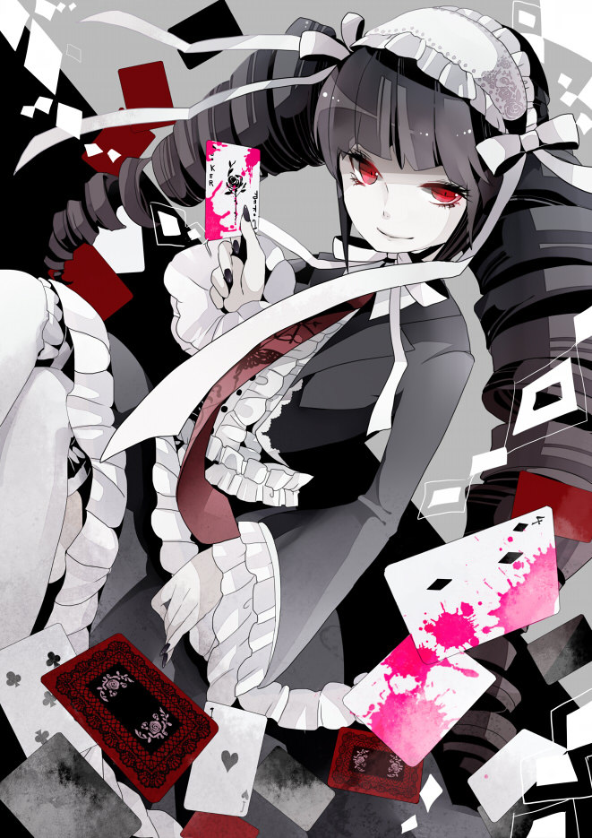 10s, 1girl, bati15, black_hair, black_nails, blood, bonnet, card, celestia_ludenberg, colored_blood, danganronpa:_trigger_happy_havoc, danganronpa_(series), dress, drill_hair, female_focus, frills, gothic_lolita, grin, hairband, lolita_fashion, lolita_hairband, long_hair, nail_polish, necktie, pink_blood, playing_card, red_eyes, smile, solo, thighhighs, twin_drills, twintails