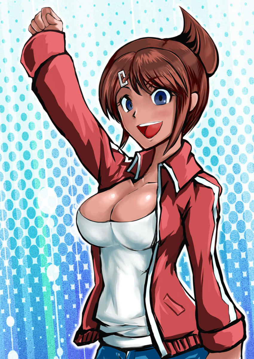 10s, 1girl, asahina_aoi, blue_eyes, blush, breasts, brown_hair, cleavage, danganronpa:_trigger_happy_havoc, danganronpa_(series), dark-skinned_female, dark_skin, female_focus, hair_ornament, hairclip, highres, jacket, large_breasts, ponytail, raised_fist, shorts, smile, solo, toyo-1040-maruthi