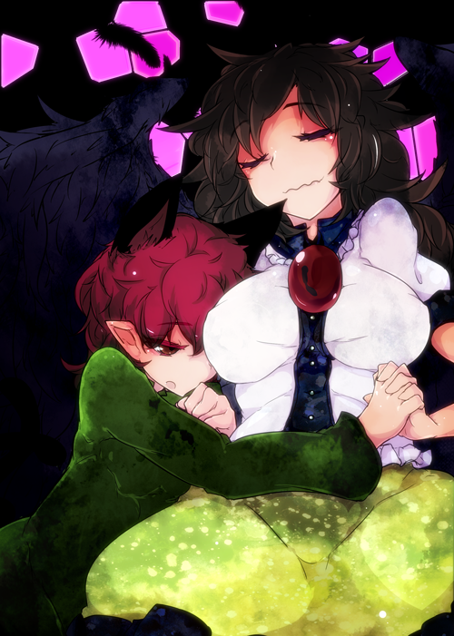 2girls, animal_ears, bird_wings, black_background, black_hair, blouse, breasts, cat_ears