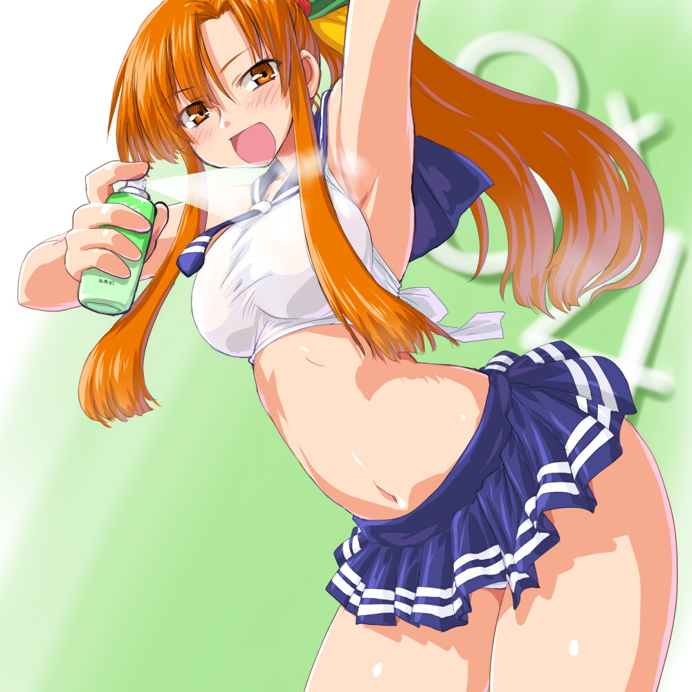 1girl, 95-tan, aerosol, armpits, bad_id, bad_pixiv_id, blush, brown_hair