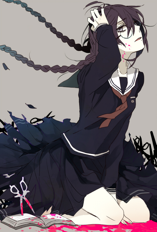 10s, 1girl, bags_under_eyes, black_hair, blood, book, braid, colored_blood, danganronpa:_trigger_happy_havoc, danganronpa_(series), fukawa_toko, glasses, grey_background, kanata_(anpan-ya), long_hair, pink_blood, school_uniform, scissors, serafuku, shijima_tohiro, simple_background, twin_braids