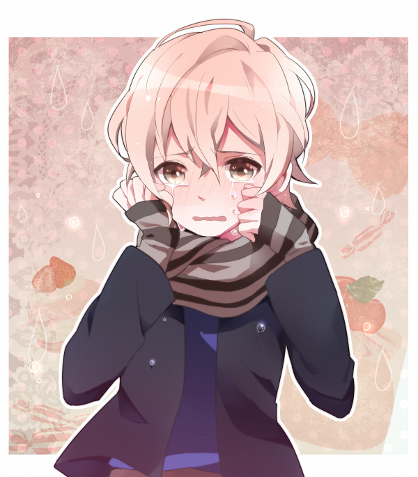 10s, 1boy, blush, character_name, crying, crying_with_eyes_open, fingerless_gloves, gloves