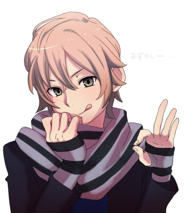 10s, 1boy, :p, @@@_(eckzahn), bad_id, bad_pixiv_id, fingerless_gloves, gloves, grey_eyes, jacket, male_focus, mikado_nagi, pink_hair, scarf, short_hair, simple_background, smile, solo, tongue, tongue_out, uta_no_prince-sama, uta_no_prince-sama_maji_love_2000%, white_background