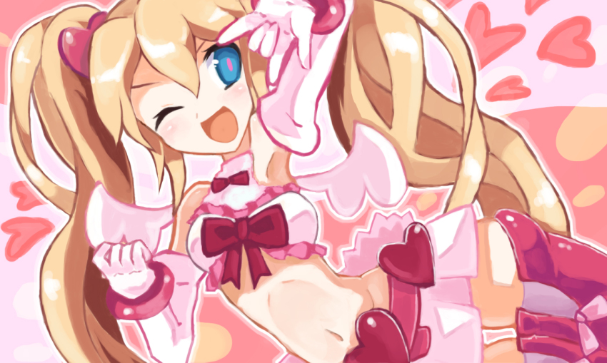 1girl, blonde_hair, blush, boots, bow, bracelet, crop_top, disgaea
