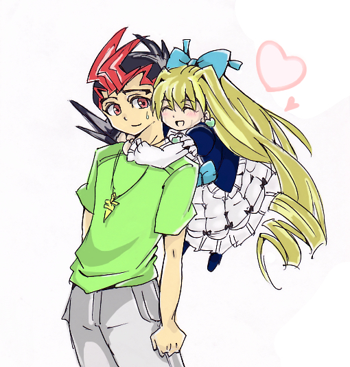 1boy, 1girl, blonde_hair, doll, dress, duel_monster, heart, jewelry, long_hair, princess_cologne, red_eyes, ribbon, tsukumo_yuma, yu-gi-oh!, yuu-gi-ou, yuu-gi-ou_zexal
