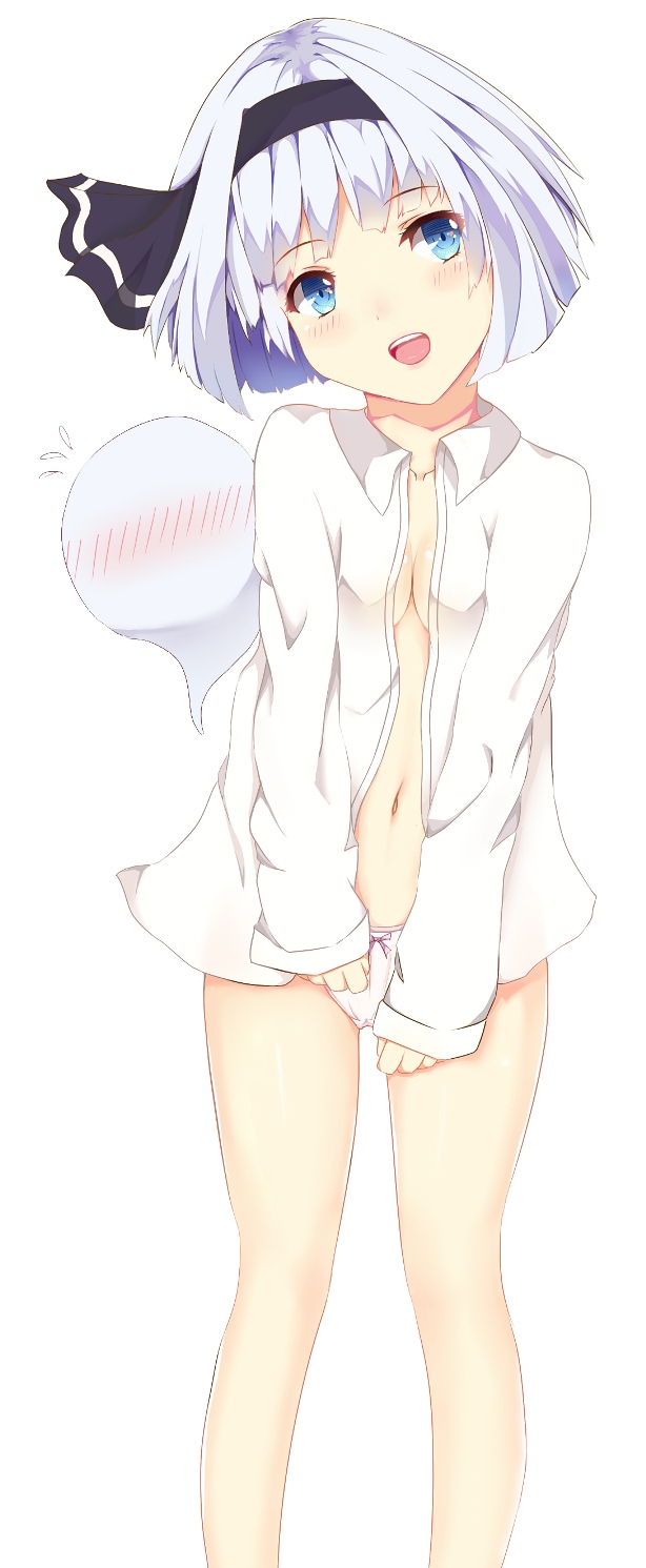 1girl, bad_id, bad_pixiv_id, blue_eyes, blush, breasts, cleavage, dress_shirt