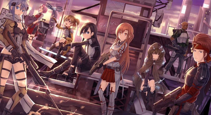 10s, 3boys, 5girls, agil, anti-materiel_rifle, argo_the_rat, assault_rifle, asuna_(sao), bad_id, bad_pixiv_id, beretta_92, bolt_action, camouflage, caseless_firearm, character_request, cloak, drone, electronic_firearm, energy_sword, everyone, fn_five-seven, gatling_gun, grenade_launcher, gun, h&amp;k_xm8, handgun, highres, kirito, kirito_(sao-ggo), klein_(sao), lisbeth_(sao), m41a_pulse_rifle, multiple-barrel_gun, multiple_boys, multiple_girls, pdw-caliber_pistol, pgm_hecate_ii, pump-action_grenade_launcher, rifle, riki-to, silica, sinon, skirt, sniper_rifle, suppressor, sword, sword_art_online, trigger_discipline, u1_grenade_launcher, underbarrel_grenade_launcher, unmanned_aerial_vehicle, unmanned_combat_aerial_vehicle, weapon